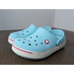 Crocs Classic Clogs Kids J1 - J2 Teal Blue Pink Croc Logo Ankle Strap Slip On